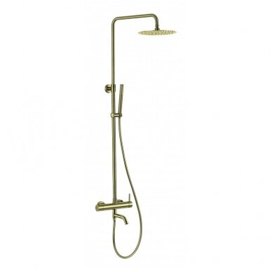 Braižyto aukso plieninis dušo stovas su snapu, rain shower set with bath spout Cherry, brushed gold