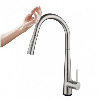 "Touch free" plieninis virtuvinis maišytuvas su ištraukiama žarna, "Touch free" kitchen mixer Cherry, brushed steel